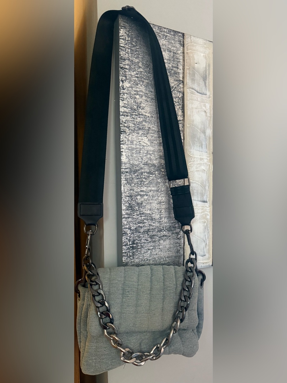 THINK ROYLN Quilted Light blue denim crossbody/ Shoulder Bag with Gunmetal Chain